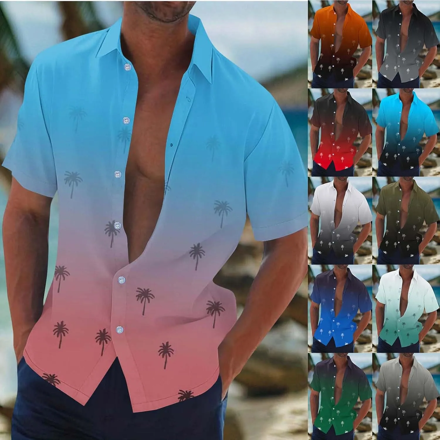 Coconut Tree Print Mens Gradient Hawaiian Shirts - Loose Lapel Casual Button Down Short Sleeve Tropical Vacation Beach Shirt