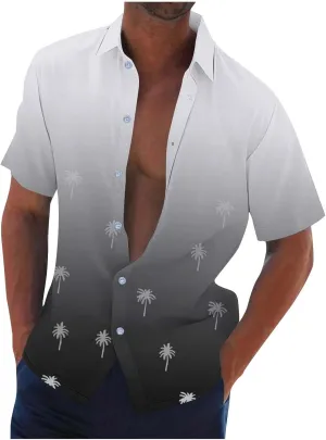 Coconut Tree Print Mens Gradient Hawaiian Shirts - Loose Lapel Casual Button Down Short Sleeve Tropical Vacation Beach Shirt