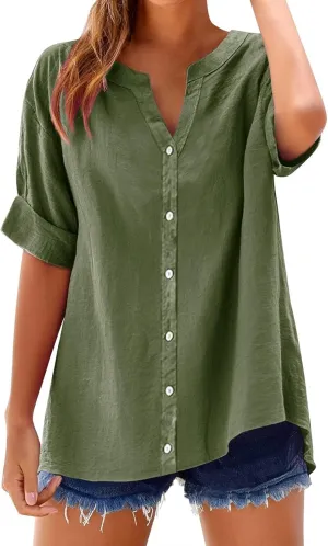 Cotton Linen Shirts for Women 2025 Summer Short Sleeve V Neck Button Down Tops Dressy Casual Oversized Tshirts