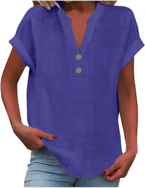 Cotton Linen Shirts for Women Short Sleeve Summer Tops Button V Neck T Shirt Basic Tee Business Casual Outfits Clothes