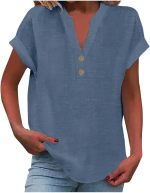 Cotton Linen Shirts for Women Short Sleeve Summer Tops Button V Neck T Shirt Basic Tee Business Casual Outfits Clothes