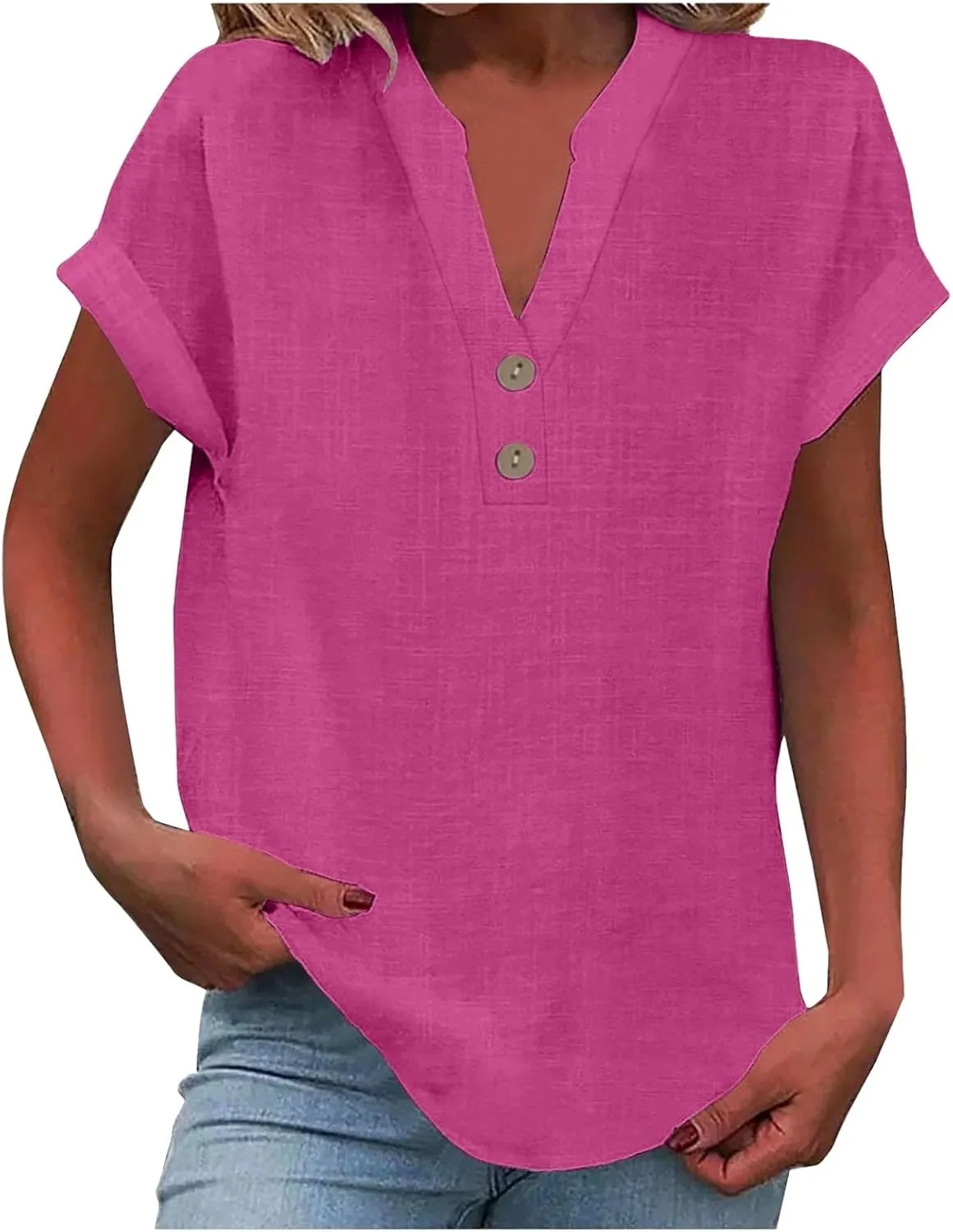 Cotton Linen Shirts for Women Short Sleeve Summer Tops Button V Neck T Shirt Basic Tee Business Casual Outfits Clothes