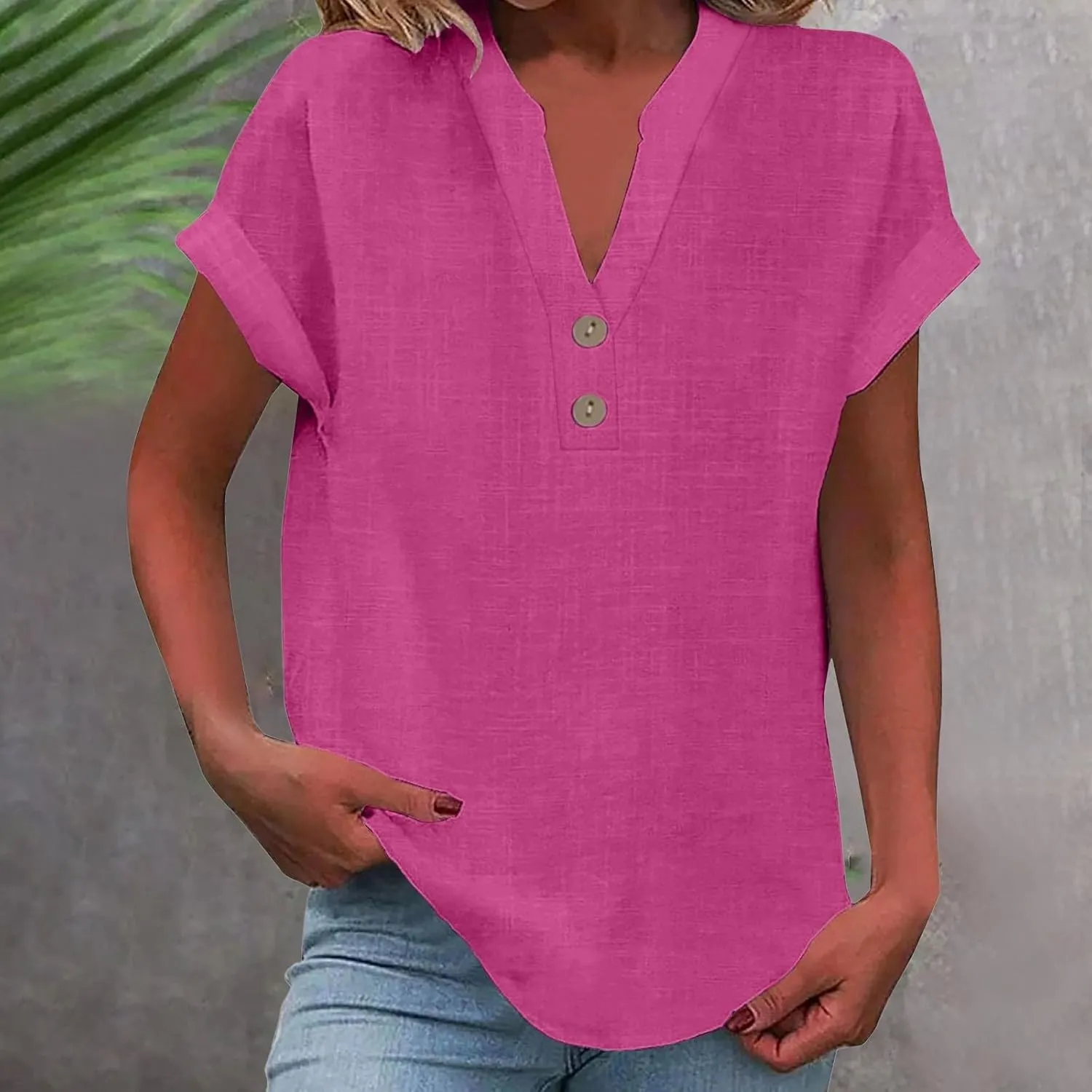 Cotton Linen Shirts for Women Short Sleeve Summer Tops Button V Neck T Shirt Basic Tee Business Casual Outfits Clothes