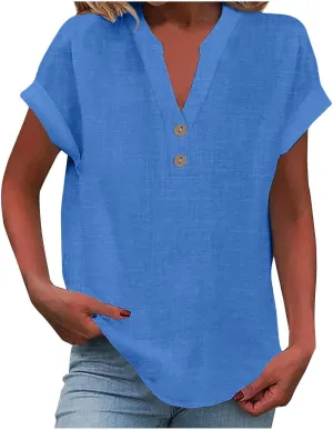 Cotton Linen Shirts for Women Short Sleeve Summer Tops Button V Neck T Shirt Basic Tee Business Casual Outfits Clothes