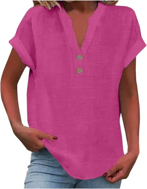 Cotton Linen Shirts for Women Short Sleeve Summer Tops Button V Neck T Shirt Basic Tee Business Casual Outfits Clothes