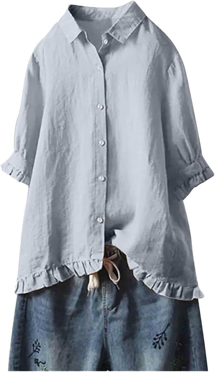 Cotton Linen Tops for Women Plus Size 3/4 Sleeve Shirt Boho Loose fit Tunic Loose Fit Summer Work Oversized Blouse
