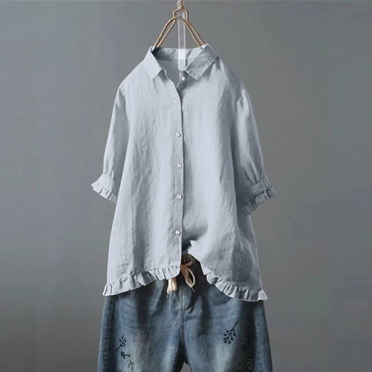 Cotton Linen Tops for Women Plus Size 3/4 Sleeve Shirt Boho Loose fit Tunic Loose Fit Summer Work Oversized Blouse