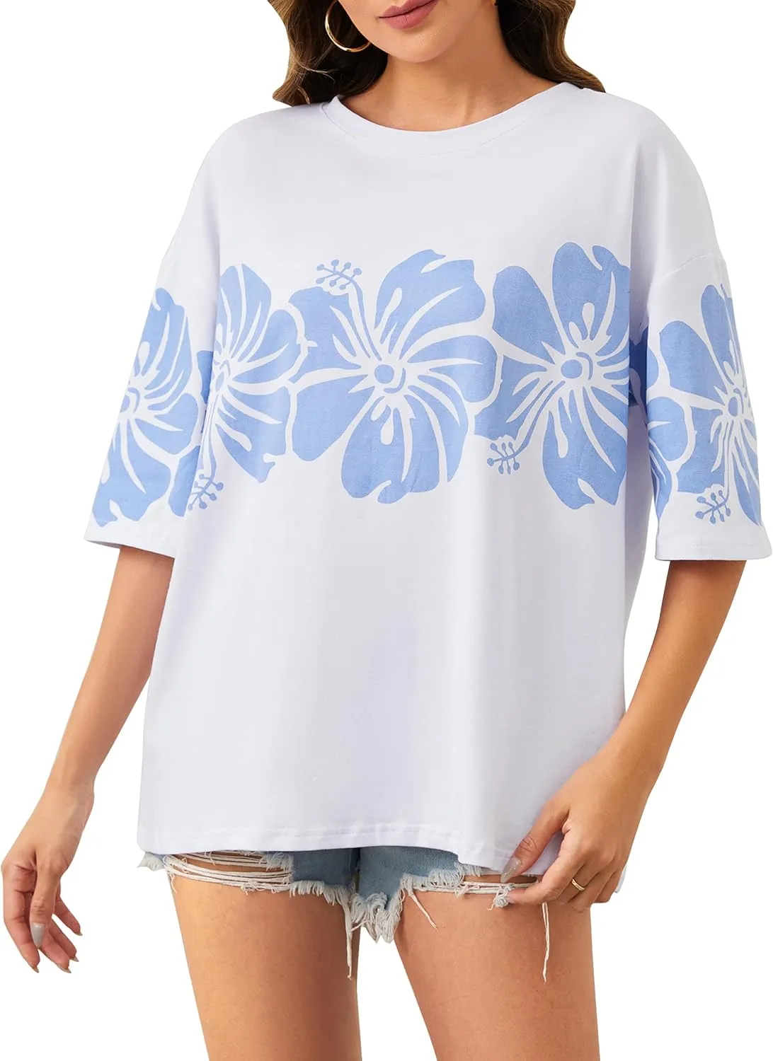 Cotton Oversized Hibiscus Tee Shirt for Women Floral Graphic Hawaiian T Shirts Casual Summer Vacation Loose Tops