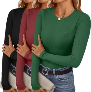 Ekouaer Women's Long Sleeve Shirts 3 Packs Crew Neck Stretchy Fitted Tops Ribbed Base Layer Soft Thermal Undershirts Tee