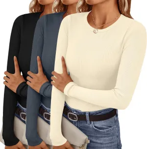 Ekouaer Women's Long Sleeve Shirts 3 Packs Crew Neck Stretchy Fitted Tops Ribbed Base Layer Soft Thermal Undershirts Tee