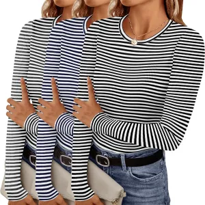 Ekouaer Women's Long Sleeve Shirts 3 Packs Crew Neck Stretchy Fitted Tops Ribbed Base Layer Soft Thermal Undershirts Tee
