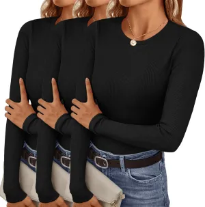Ekouaer Women's Long Sleeve Shirts 3 Packs Crew Neck Stretchy Fitted Tops Ribbed Base Layer Soft Thermal Undershirts Tee