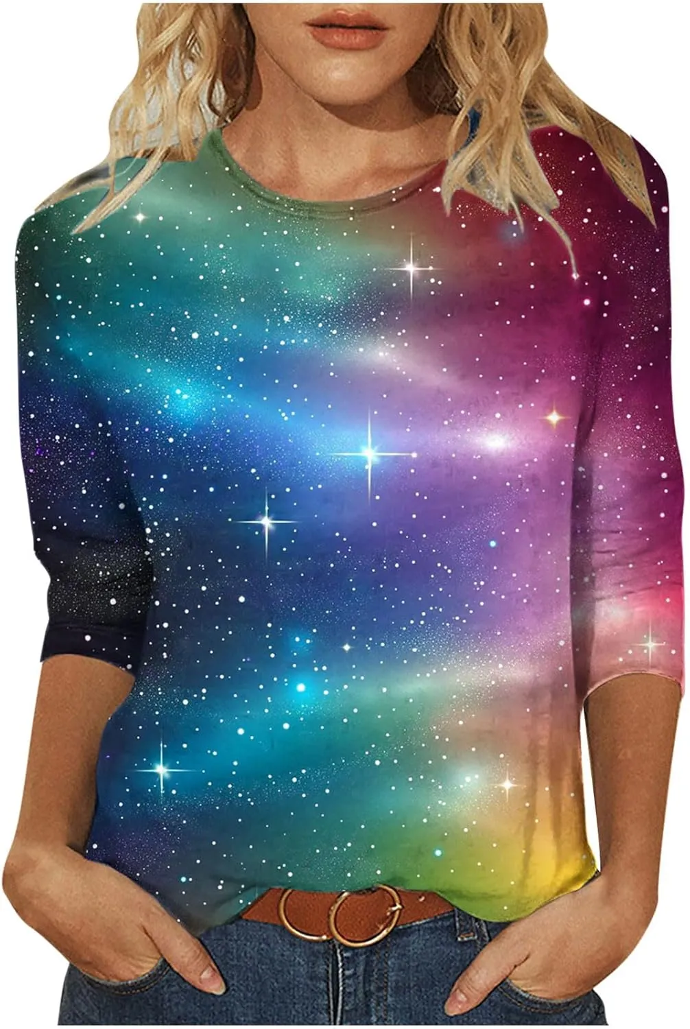 Elbow Sleeve Oversized Tshirt Shirts for Women Gradient Crew Neck Casual Pullover Printed Graphic Tee Top Tunic S-3XL