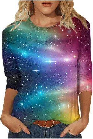 Elbow Sleeve Oversized Tshirt Shirts for Women Gradient Crew Neck Casual Pullover Printed Graphic Tee Top Tunic S-3XL