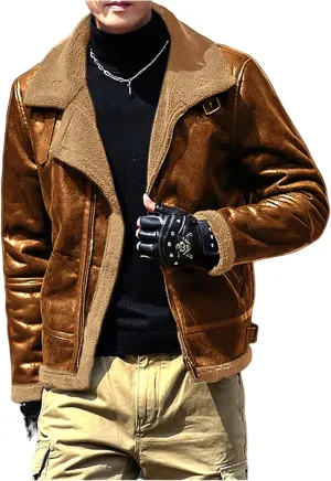 evzosrz Mens Faux Suede Lined Jackets Fashion Street Faux Leather Fur Jacket Lapel Zip Warm Winter Thick Coat with Pockets