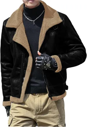 evzosrz Mens Faux Suede Lined Jackets Fashion Street Faux Leather Fur Jacket Lapel Zip Warm Winter Thick Coat with Pockets