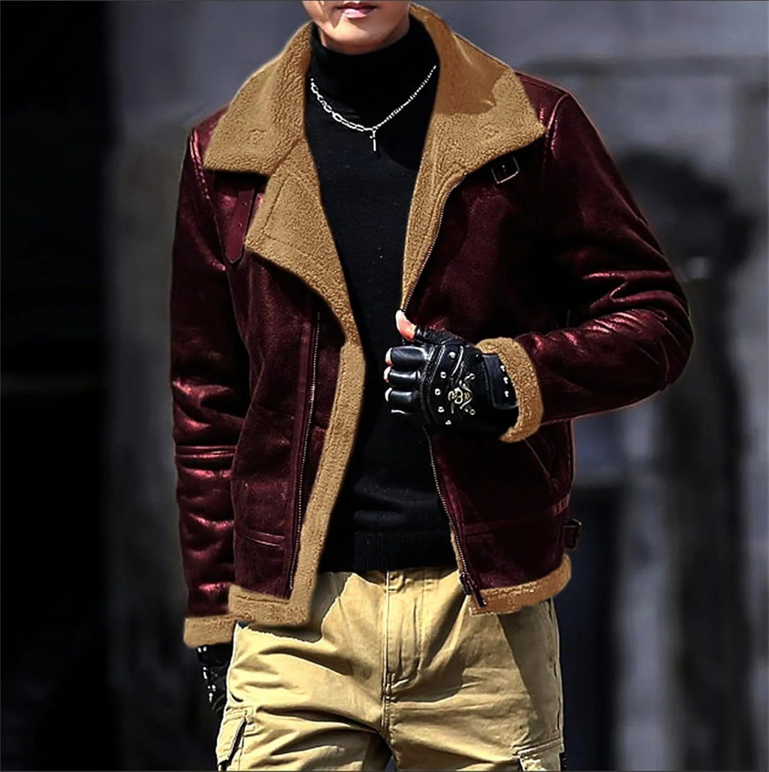 evzosrz Mens Faux Suede Lined Jackets Fashion Street Faux Leather Fur Jacket Lapel Zip Warm Winter Thick Coat with Pockets