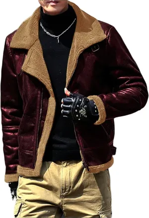 evzosrz Mens Faux Suede Lined Jackets Fashion Street Faux Leather Fur Jacket Lapel Zip Warm Winter Thick Coat with Pockets