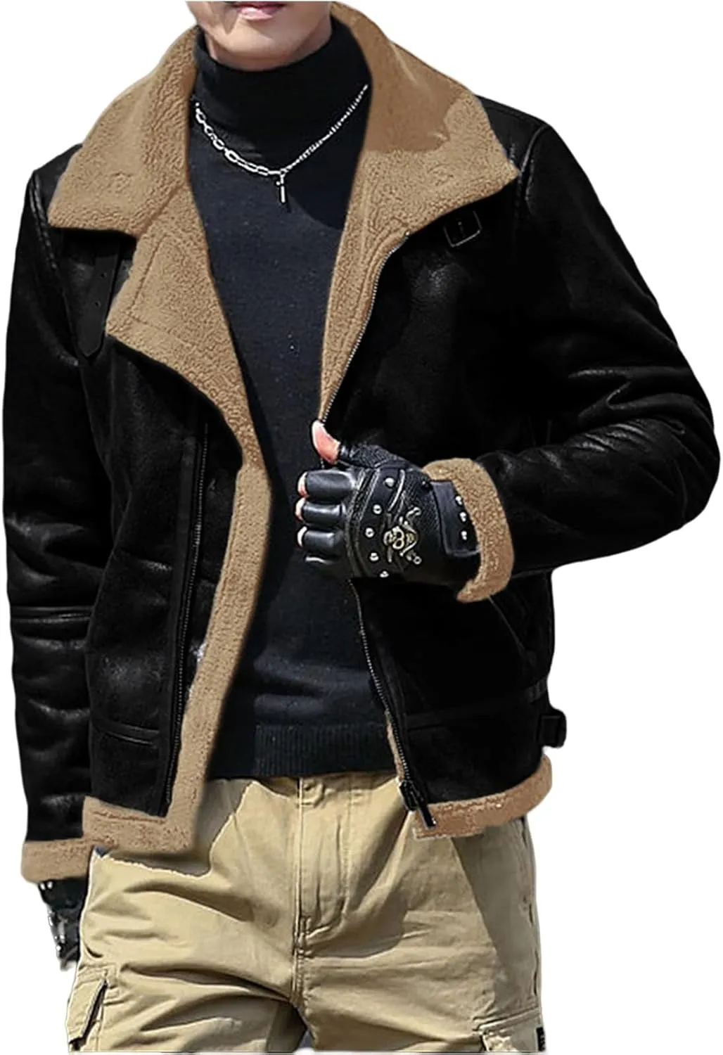 evzosrz Mens Faux Suede Lined Jackets Fashion Street Faux Leather Fur Jacket Lapel Zip Warm Winter Thick Coat with Pockets