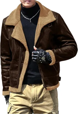 evzosrz Mens Faux Suede Lined Jackets Fashion Street Faux Leather Fur Jacket Lapel Zip Warm Winter Thick Coat with Pockets