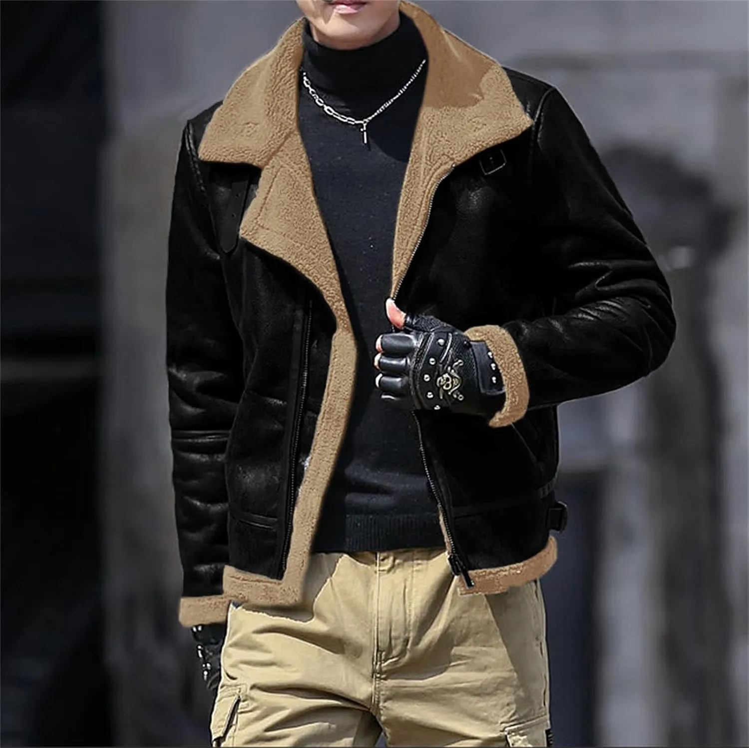 evzosrz Mens Faux Suede Lined Jackets Fashion Street Faux Leather Fur Jacket Lapel Zip Warm Winter Thick Coat with Pockets