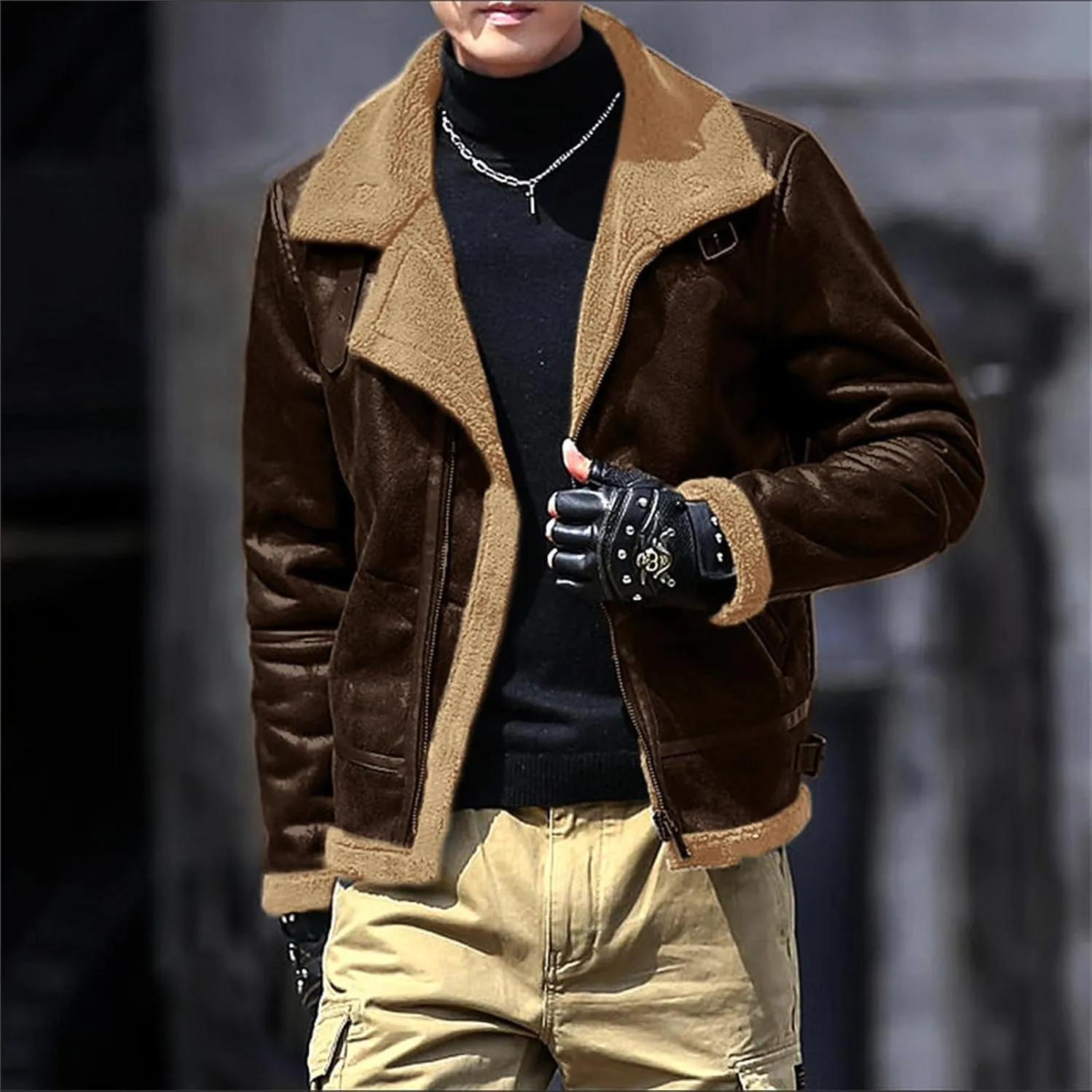 evzosrz Mens Faux Suede Lined Jackets Fashion Street Faux Leather Fur Jacket Lapel Zip Warm Winter Thick Coat with Pockets