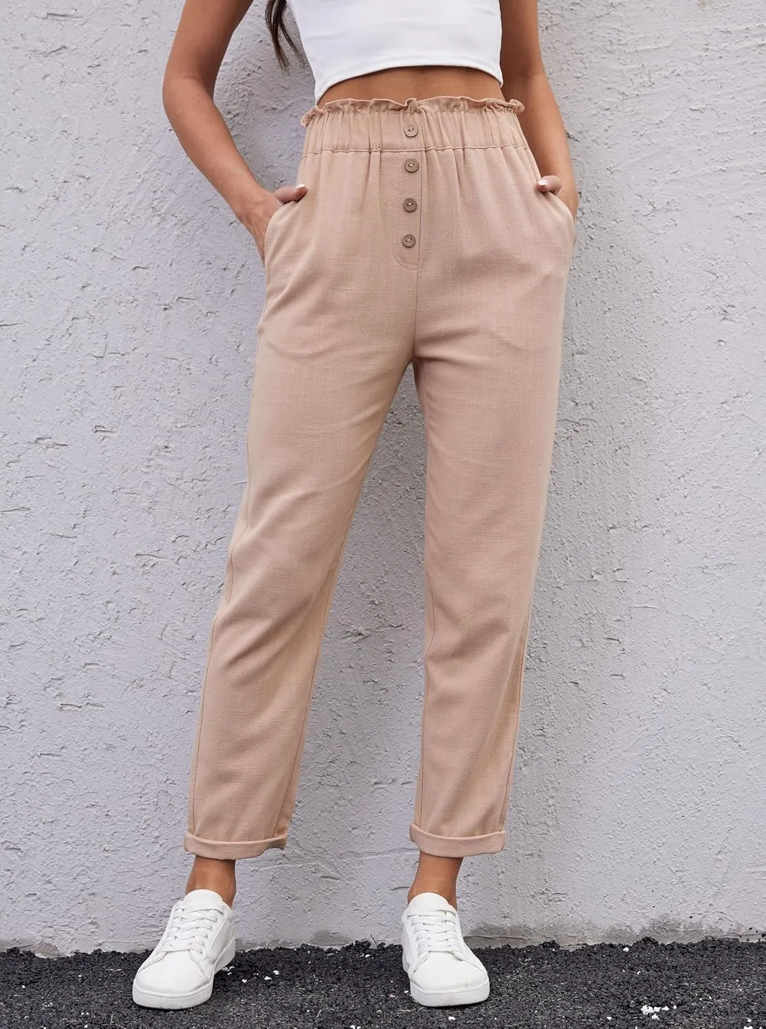 Fakanhui Women's Linen Work Pants Summer Dressy Casual Business High Waist Paperbag Cropped Pants Trouser