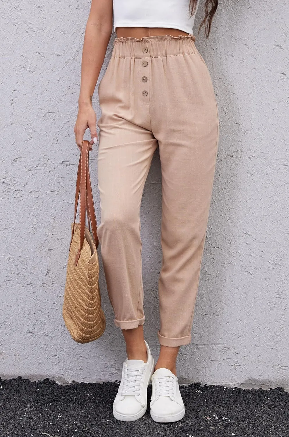 Fakanhui Women's Linen Work Pants Summer Dressy Casual Business High Waist Paperbag Cropped Pants Trouser