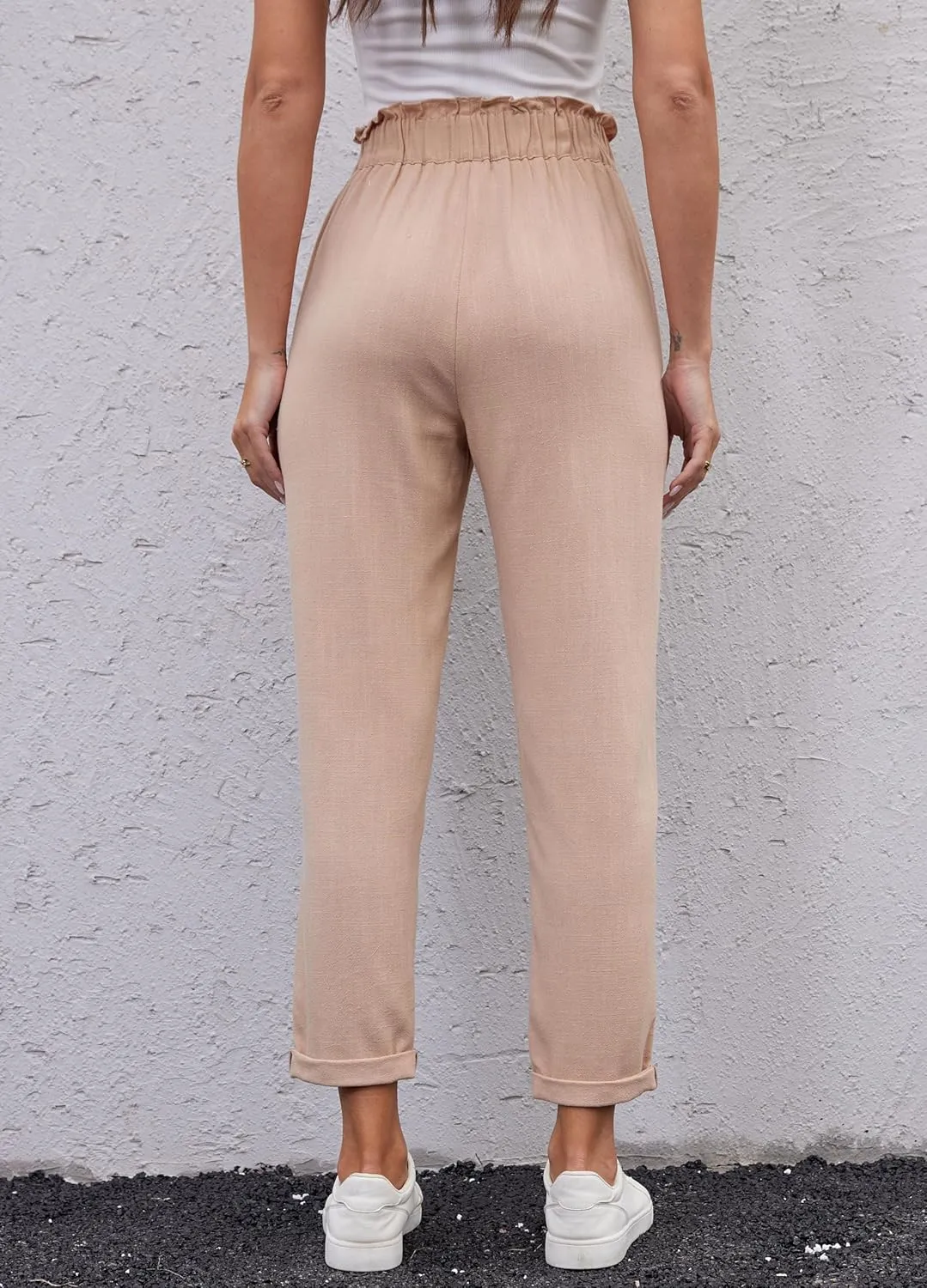 Fakanhui Women's Linen Work Pants Summer Dressy Casual Business High Waist Paperbag Cropped Pants Trouser