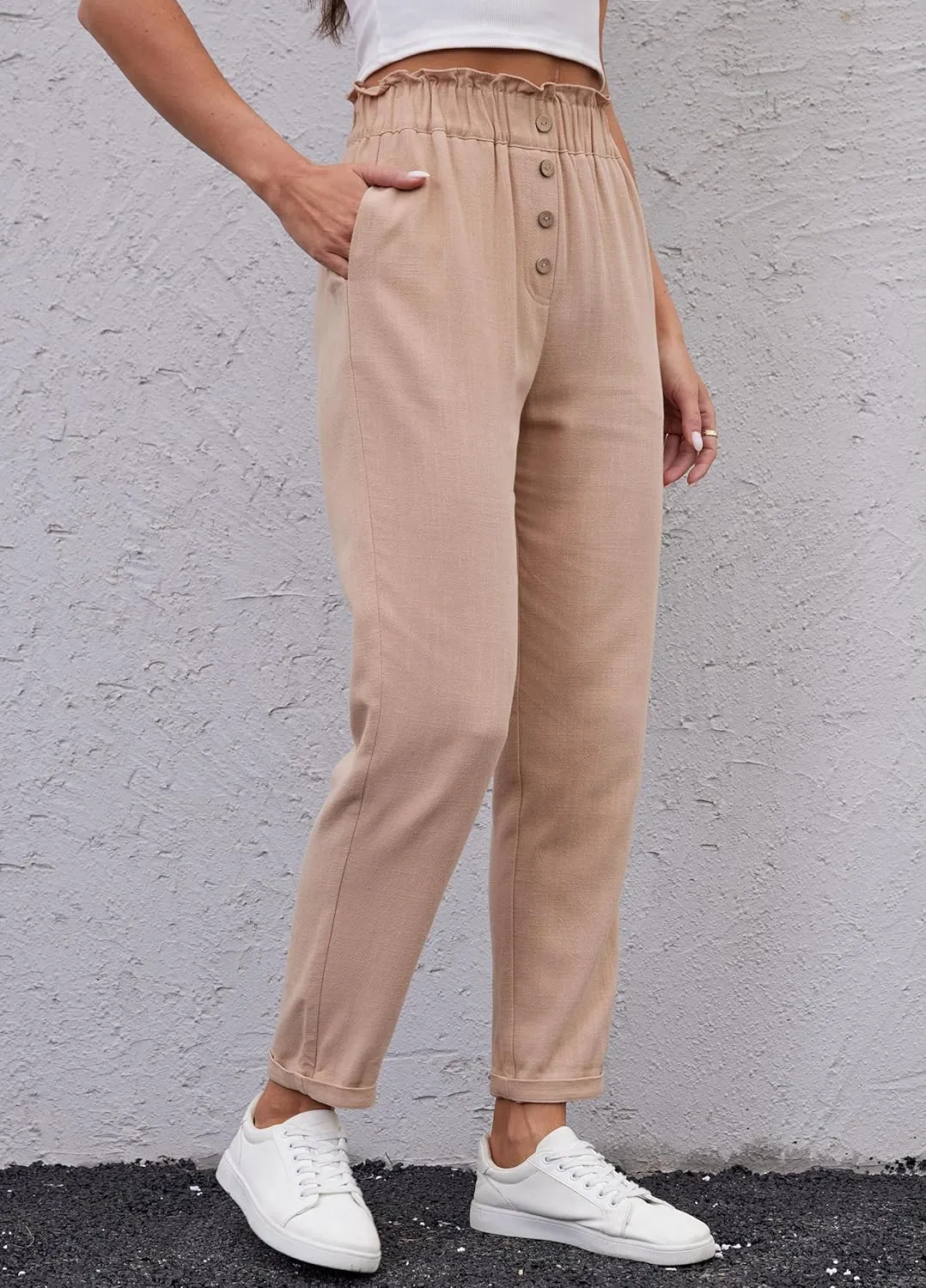 Fakanhui Women's Linen Work Pants Summer Dressy Casual Business High Waist Paperbag Cropped Pants Trouser
