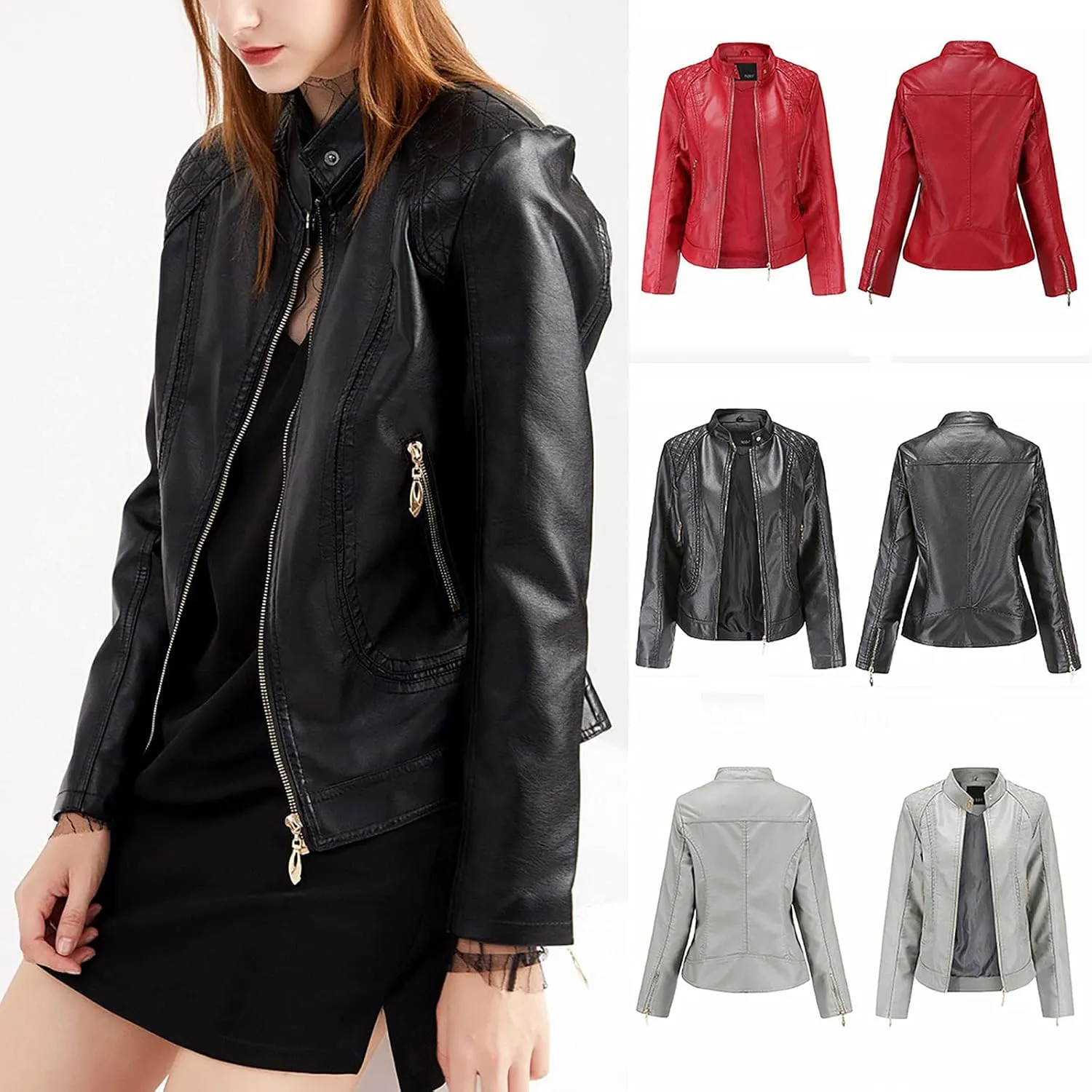 Faux Leather Jacket Women Trendy Quilted Slim Fit Casual Motorcycle Jacket Suit Long Sleeve Moto Biker Coat