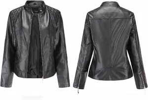 Faux Leather Jacket Women Trendy Quilted Slim Fit Casual Motorcycle Jacket Suit Long Sleeve Moto Biker Coat