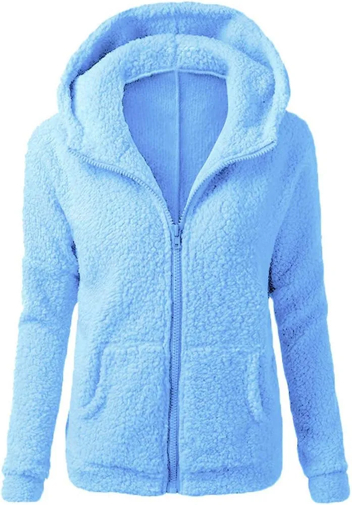 Fleece Hoodies for Women Zip Up Solid Sherpa Jacket Long Sleeve Fuzzy Sweater Hooded Fall Hiking Sweatshirt