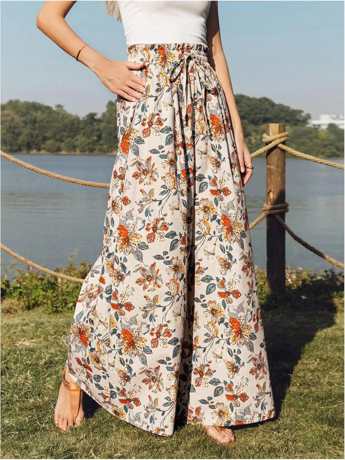 Floerns Women's Floral Print Paperbag Waist Boho Trousers Wide Leg Palazzo Pants