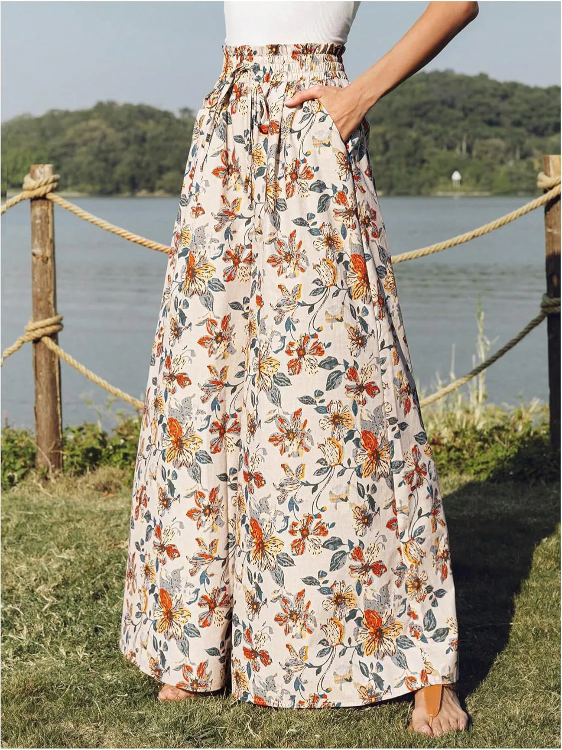 Floerns Women's Floral Print Paperbag Waist Boho Trousers Wide Leg Palazzo Pants
