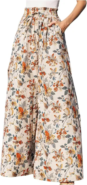 Floerns Women's Floral Print Paperbag Waist Boho Trousers Wide Leg Palazzo Pants