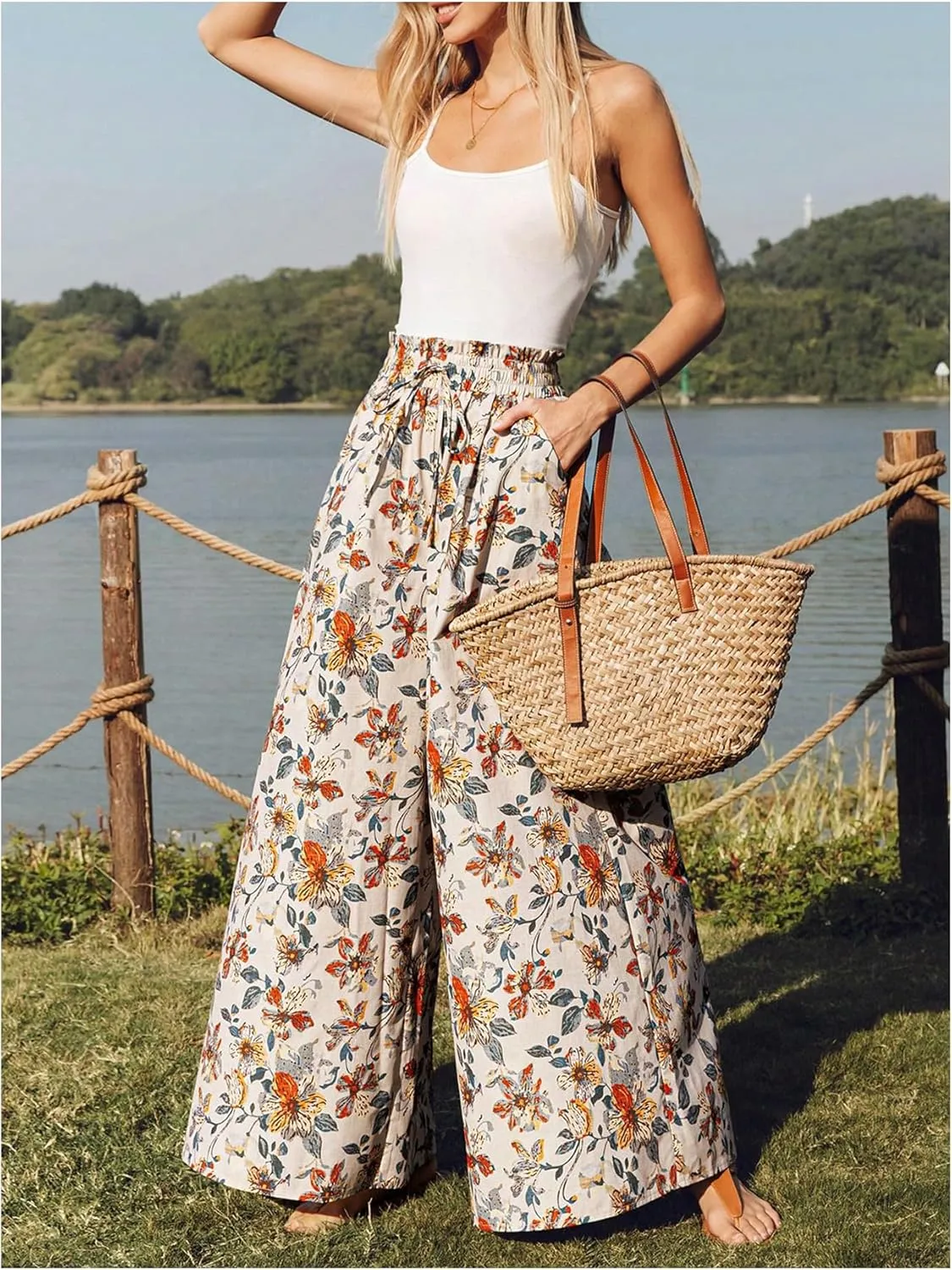 Floerns Women's Floral Print Paperbag Waist Boho Trousers Wide Leg Palazzo Pants