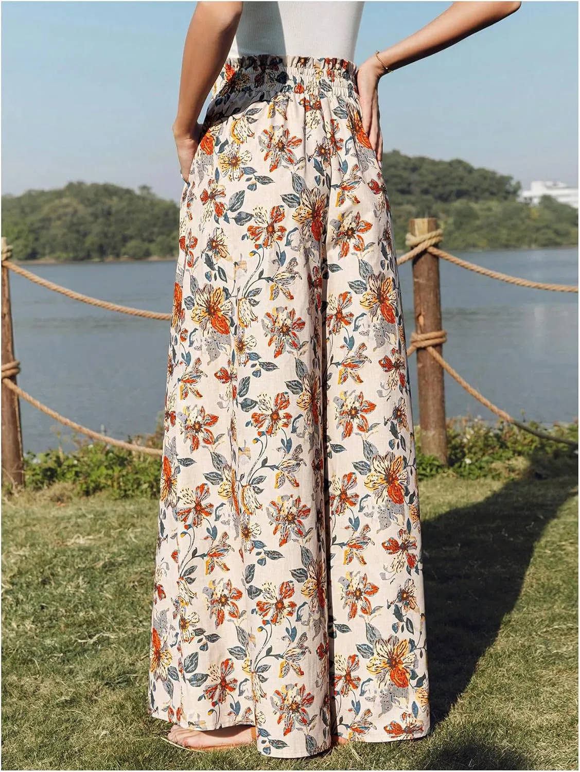 Floerns Women's Floral Print Paperbag Waist Boho Trousers Wide Leg Palazzo Pants