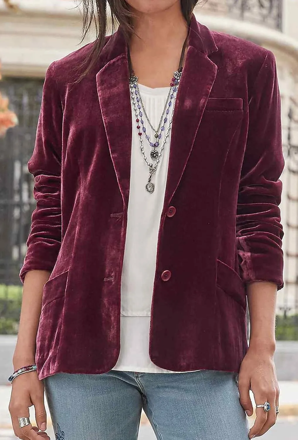 futurino Women's Velvet Solid Color Fashion Casual Blazer Jacket