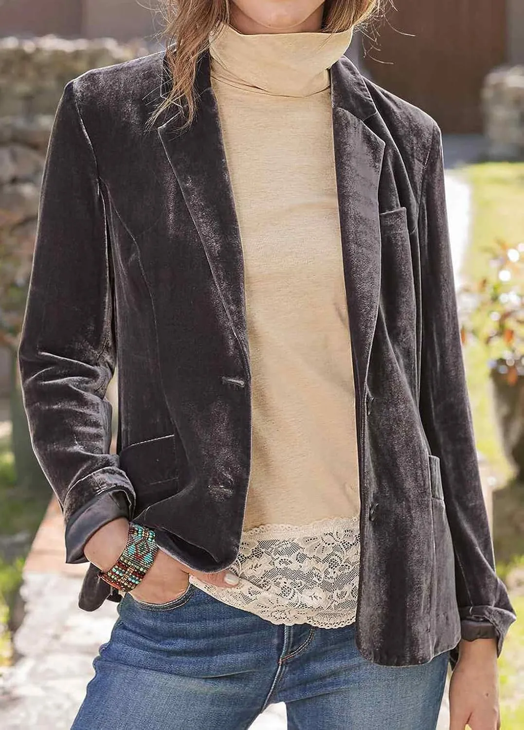 futurino Women's Velvet Solid Color Fashion Casual Blazer Jacket