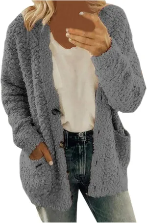 Fuzzy Fleece Jacket for Women Fashion Solid Color Loose Fit Cardigans Sweaters Button Down Open Front Plush Sweatshirt