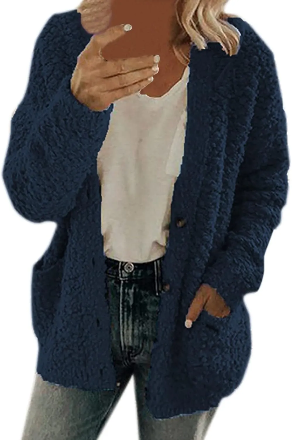 Fuzzy Fleece Jacket for Women Fashion Solid Color Loose Fit Cardigans Sweaters Button Down Open Front Plush Sweatshirt