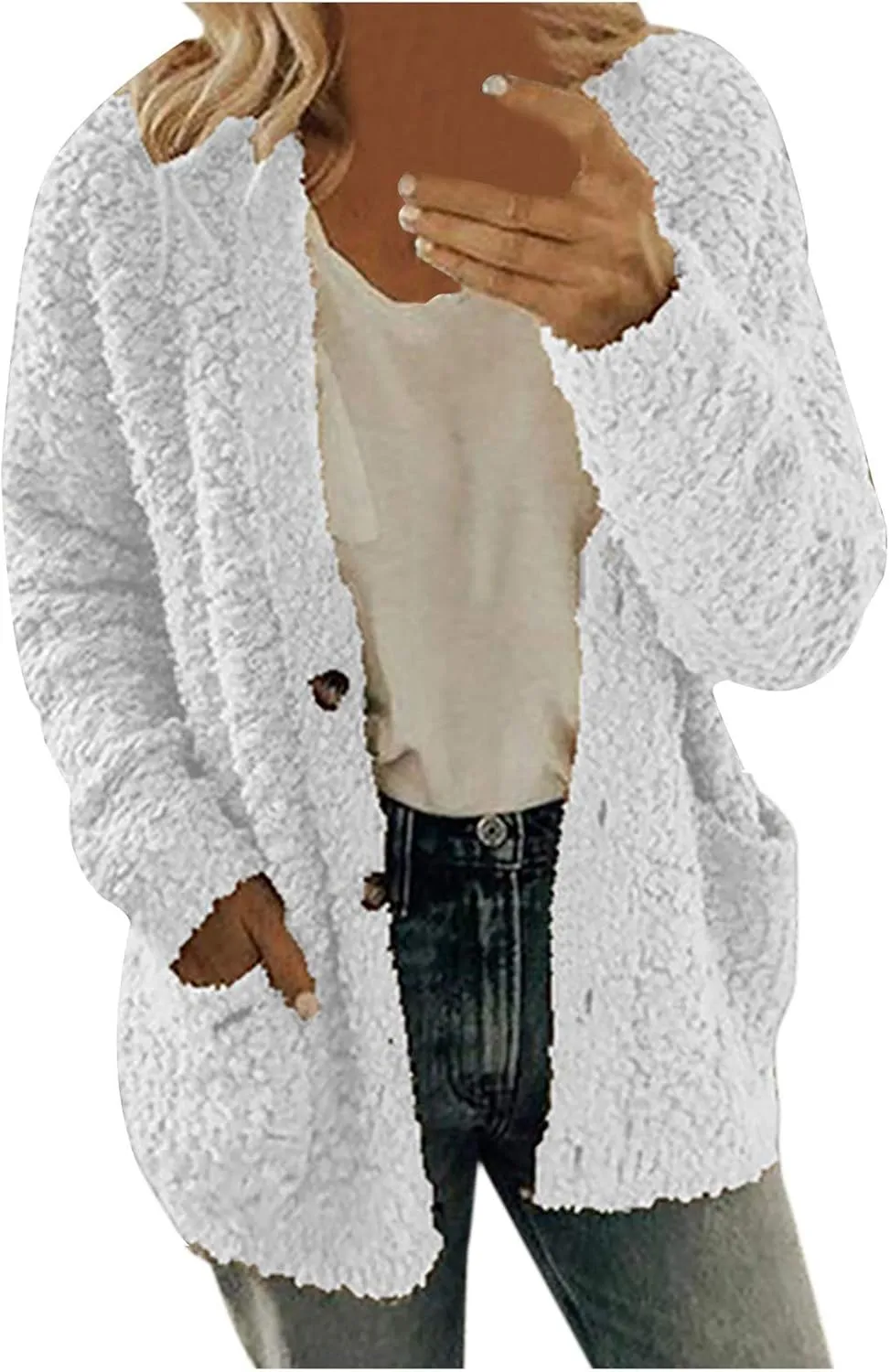 Fuzzy Fleece Jacket for Women Fashion Solid Color Loose Fit Cardigans Sweaters Button Down Open Front Plush Sweatshirt