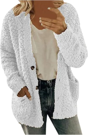 Fuzzy Fleece Jacket for Women Fashion Solid Color Loose Fit Cardigans Sweaters Button Down Open Front Plush Sweatshirt