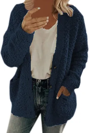 Fuzzy Fleece Jacket for Women Fashion Solid Color Loose Fit Cardigans Sweaters Button Down Open Front Plush Sweatshirt