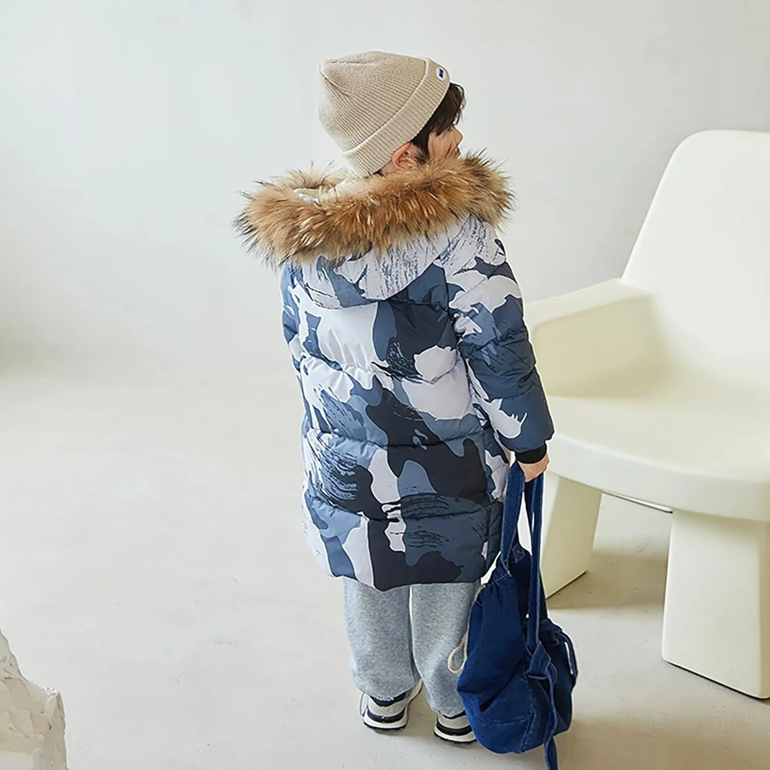 Girls Boys Down Jacket Winter Outerwear Hooded Down Coat Thicken Warm Mid Long Puffer Jacket with Furry Trimmed Hood