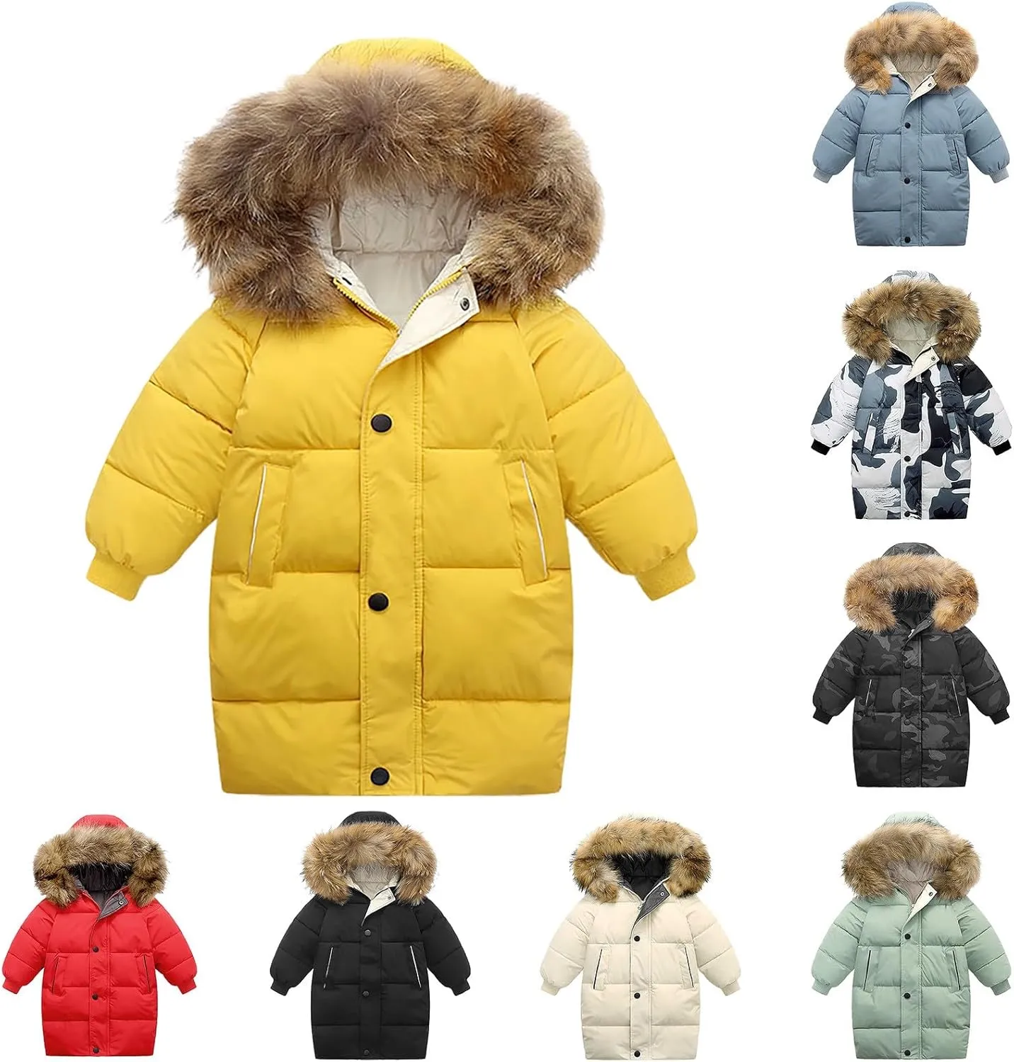 Girls Boys Down Jacket Winter Outerwear Hooded Down Coat Thicken Warm Mid Long Puffer Jacket with Furry Trimmed Hood