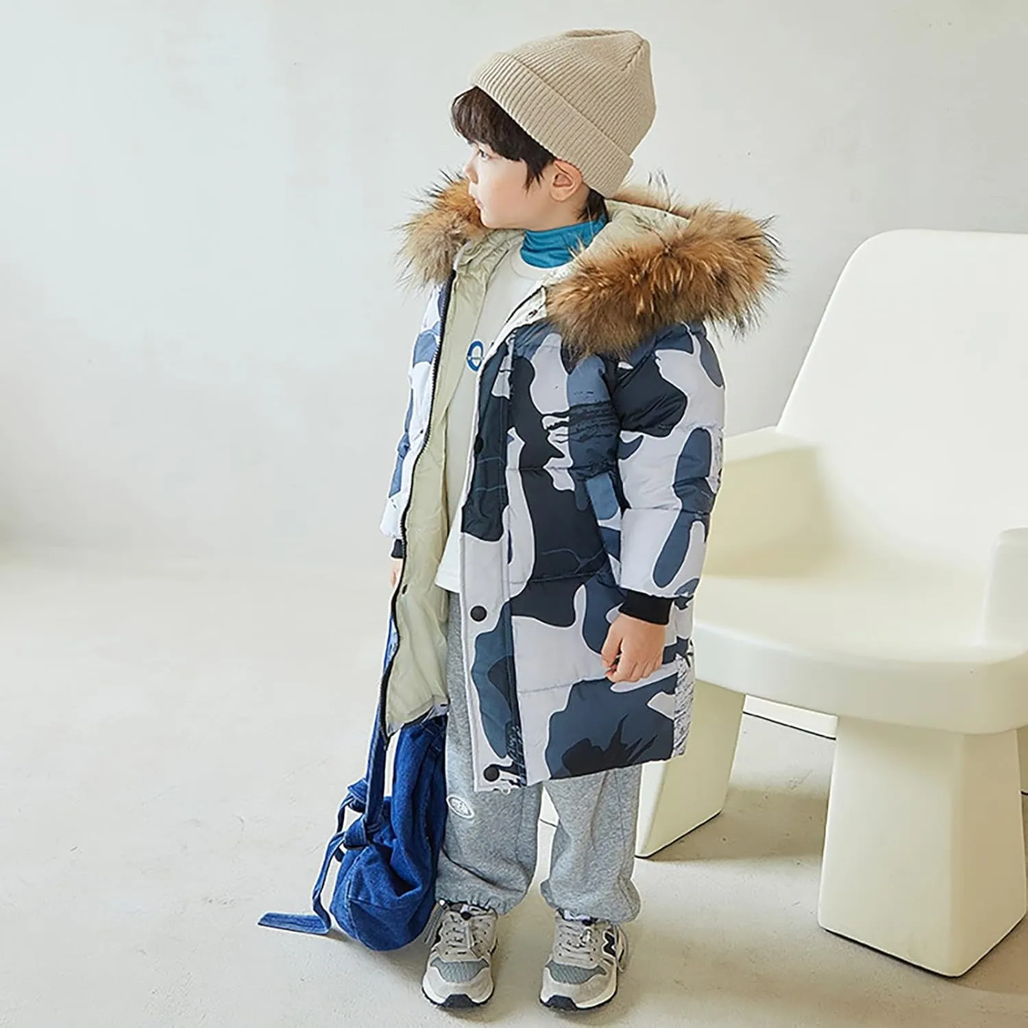 Girls Boys Down Jacket Winter Outerwear Hooded Down Coat Thicken Warm Mid Long Puffer Jacket with Furry Trimmed Hood