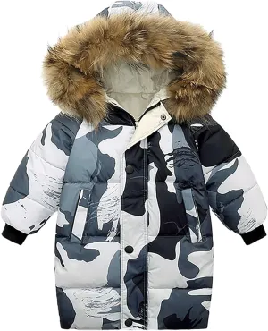 Girls Boys Down Jacket Winter Outerwear Hooded Down Coat Thicken Warm Mid Long Puffer Jacket with Furry Trimmed Hood