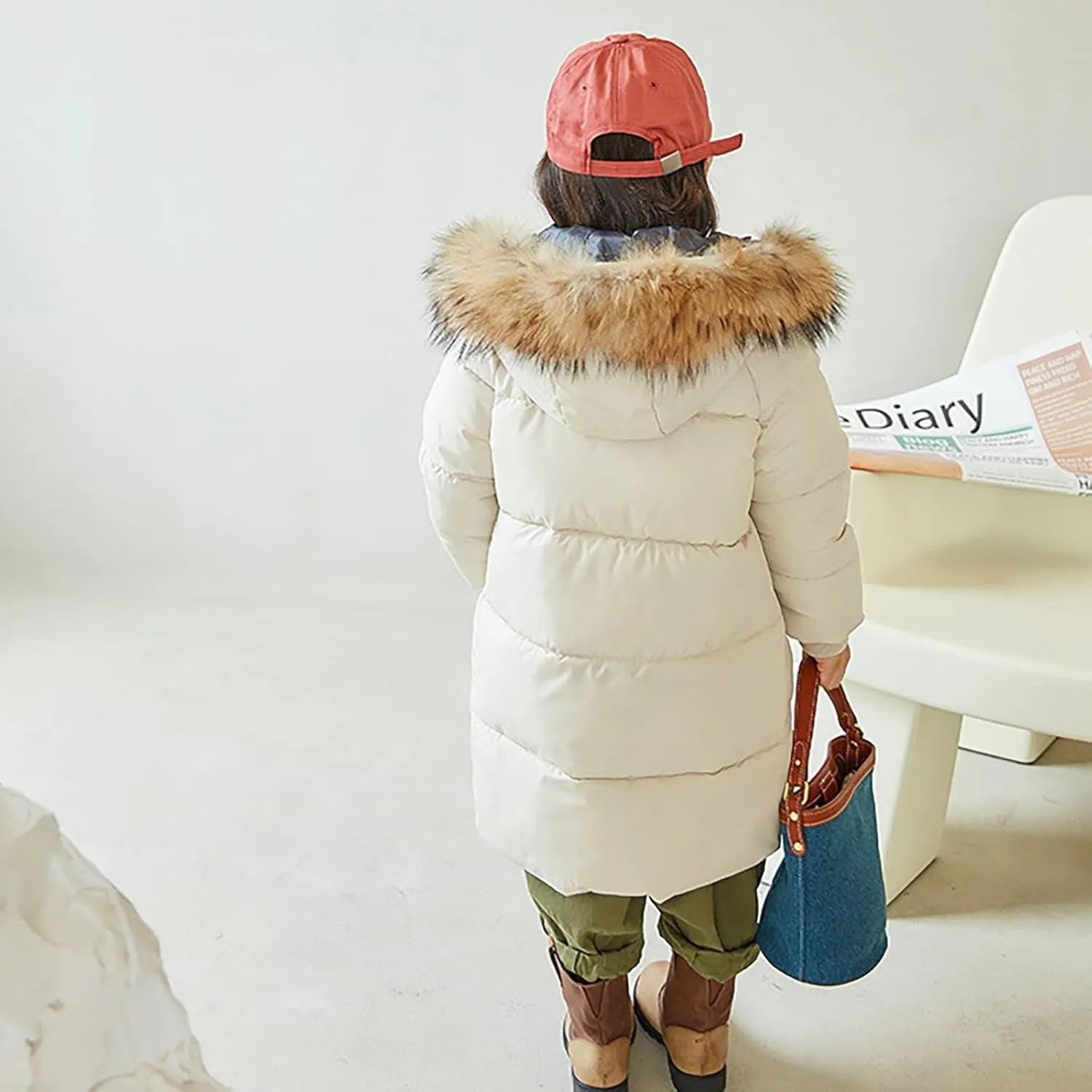Girls Boys Down Jacket Winter Outerwear Hooded Down Coat Thicken Warm Mid Long Puffer Jacket with Furry